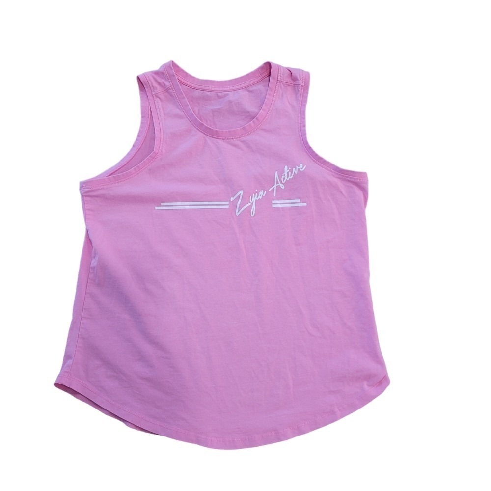 Zyia Active Pink Graphic Logo Muscle Tank Top Curved Hem Sleeveless Gym Shirt